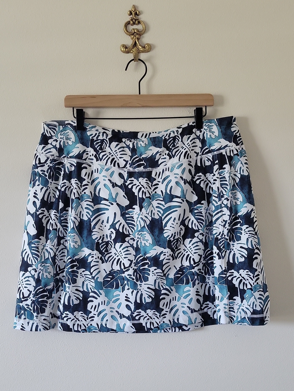 J Jill Fit Green White Leaf Print A-line Knit Skort Size XL